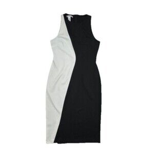 Maggy London Sleeveless Sheath Midi Dress White Black Colorblock Size 8 Back Zip
